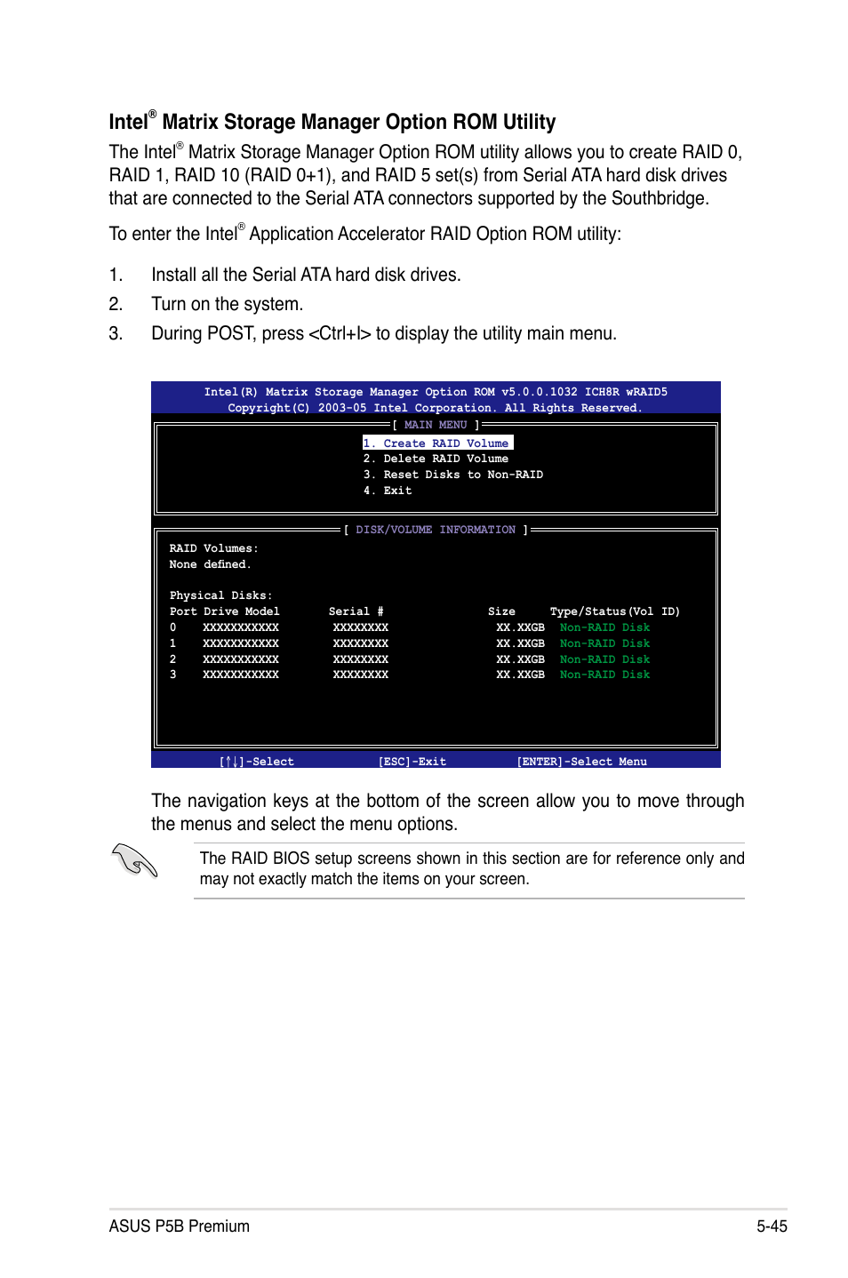 Intel, Matrix storage manager option rom utility, The intel | Asus P5B Premium Vista Edition User Manual | Page 155 / 190