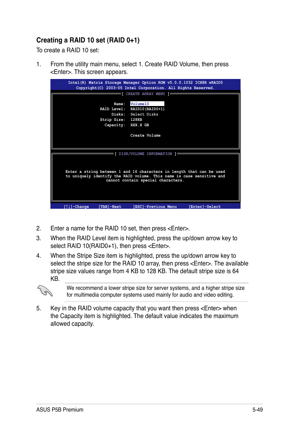 Creating a raid 10 set (raid 0+1) | Asus P5B Premium Vista Edition User Manual | Page 159 / 190