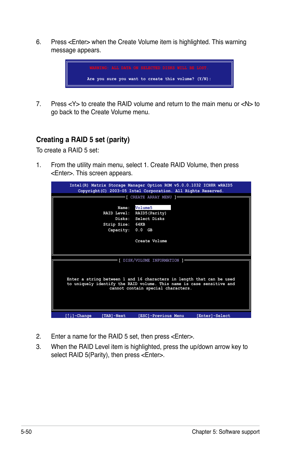 Creating a raid 5 set (parity) | Asus P5B Premium Vista Edition User Manual | Page 160 / 190