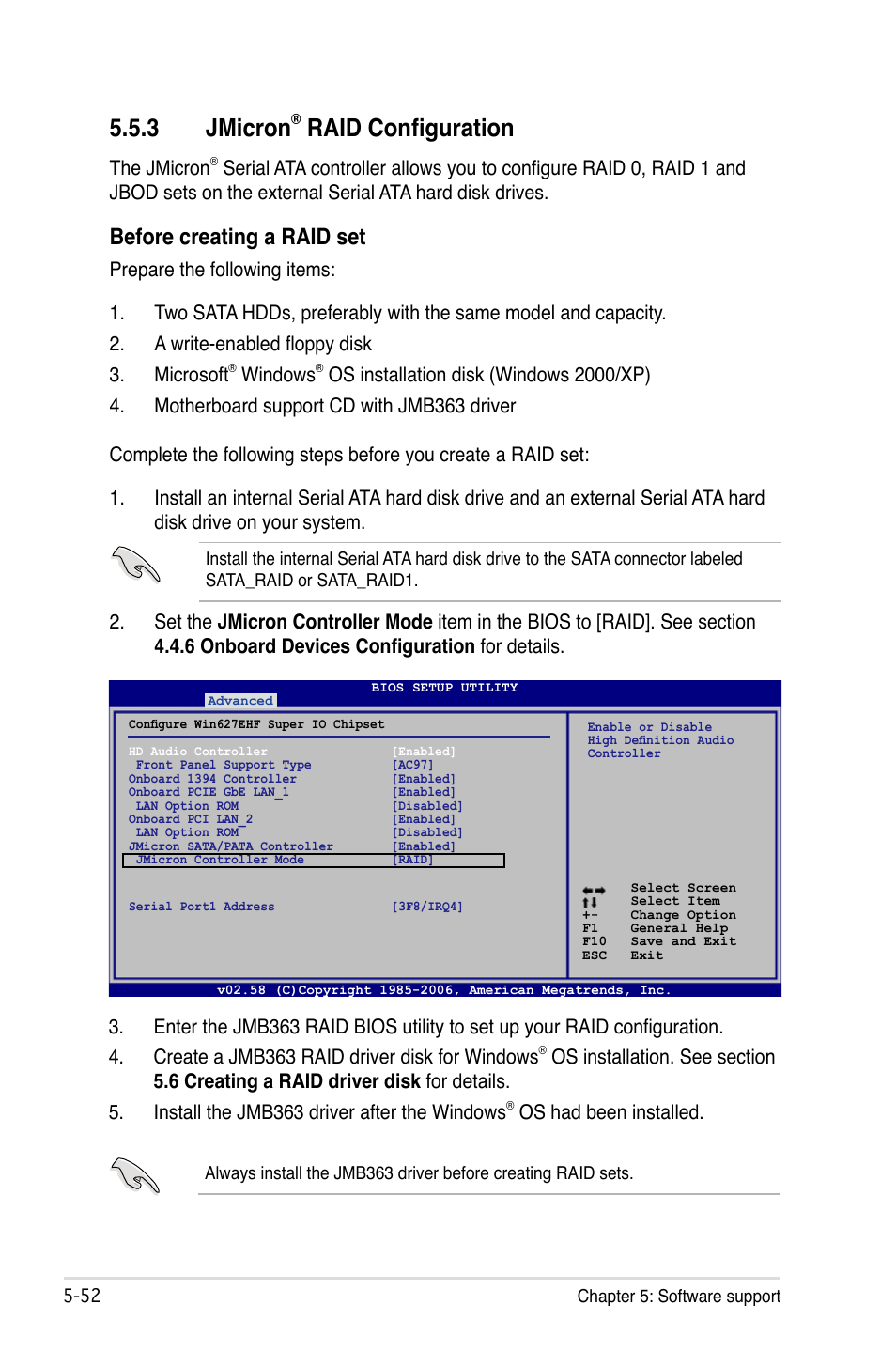 3 jmicron® raid configuration, Jmicron, Raid configuration -52 | 3 jmicron, Raid configuration, Before creating a raid set, The jmicron, Windows, Os had been installed | Asus P5B Premium Vista Edition User Manual | Page 162 / 190