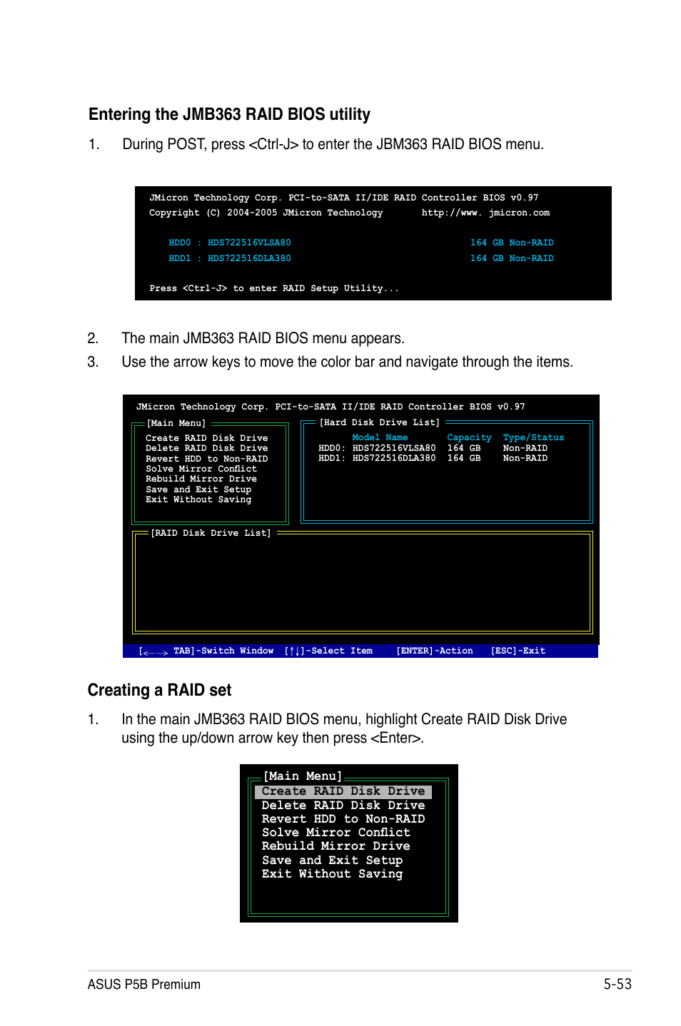 Entering the jmb363 raid bios utility, Creating a raid set | Asus P5B Premium Vista Edition User Manual | Page 163 / 190