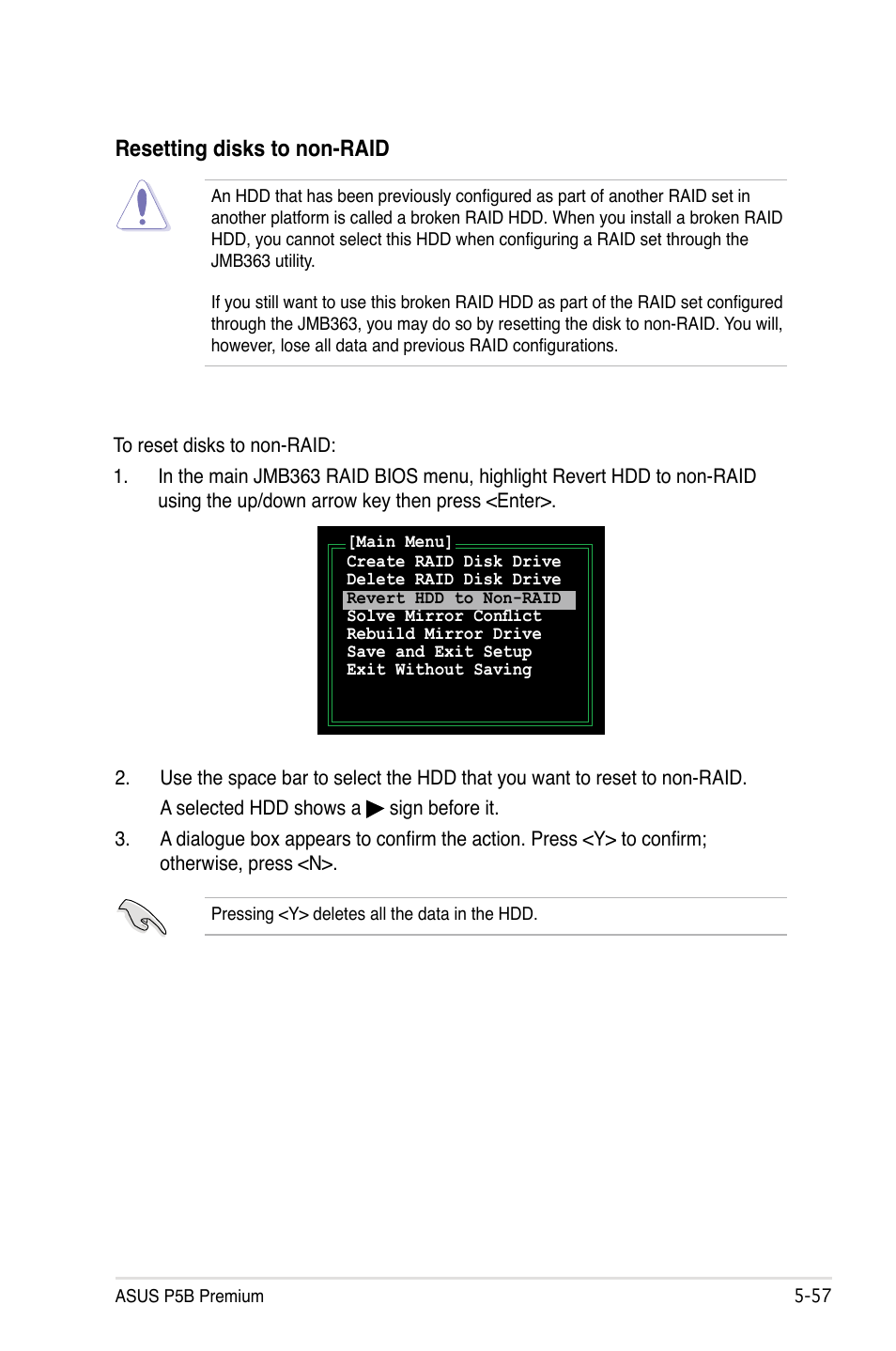 Resetting disks to non-raid | Asus P5B Premium Vista Edition User Manual | Page 167 / 190