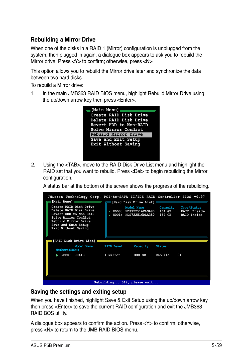 Saving the settings and exiting setup, Rebuilding a mirror drive | Asus P5B Premium Vista Edition User Manual | Page 169 / 190