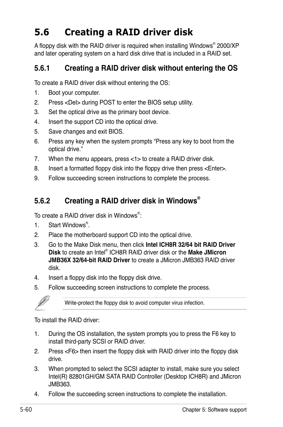 6 creating a raid driver disk, 2 creating a raid driver disk in windows, Creating a raid driver disk -60 5.6.1 | Creating a raid driver disk in windows® -60 | Asus P5B Premium Vista Edition User Manual | Page 170 / 190