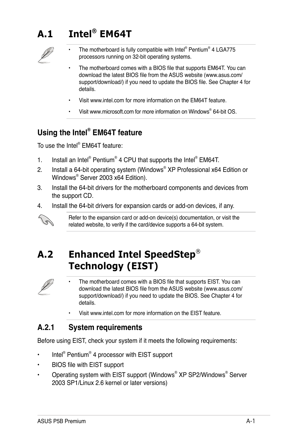 A.1 intel® em64t, A.2 enhanced intel speedstep® technology (eist), Intel | Enhanced intel speedstep, Technology (eist) ........................a-1, A.1 intel, Em64t, A.2 enhanced intel speedstep, Technology (eist), Using the intel | Asus P5B Premium Vista Edition User Manual | Page 187 / 190