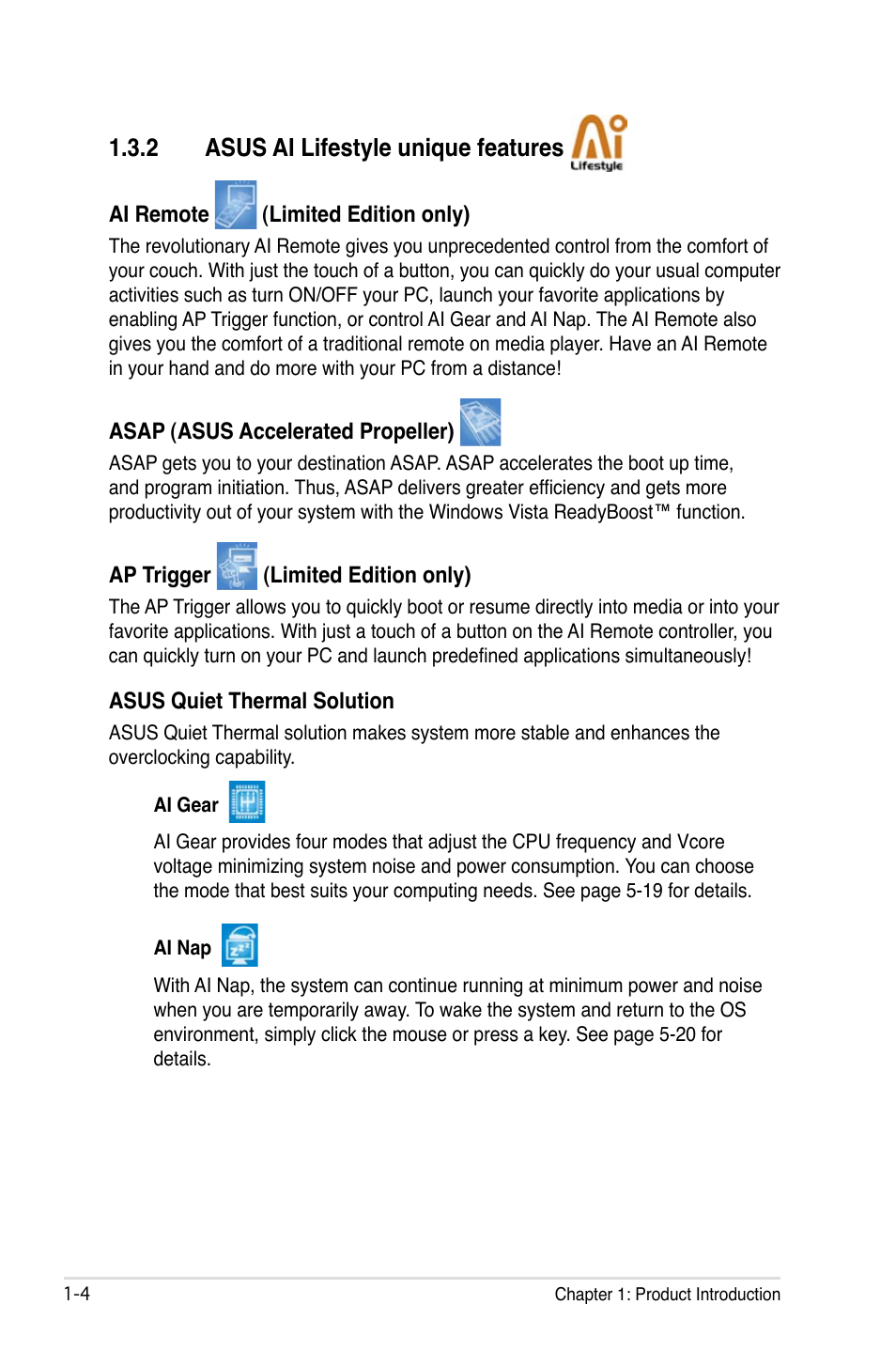 2 asus ai lifestyle unique features, Asus ai lifestyle unique features -4 | Asus P5B Premium Vista Edition User Manual | Page 20 / 190