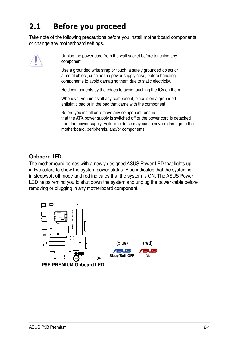 1 before you proceed, Before you proceed -1, Onboard led | Asus P5B Premium Vista Edition User Manual | Page 27 / 190