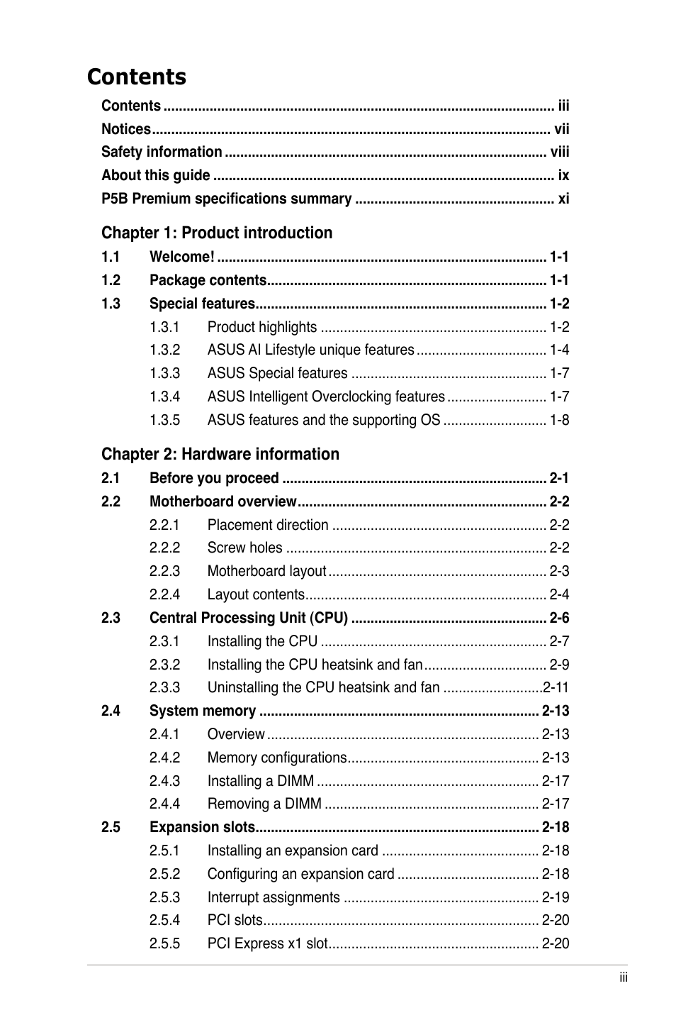 Asus P5B Premium Vista Edition User Manual | Page 3 / 190