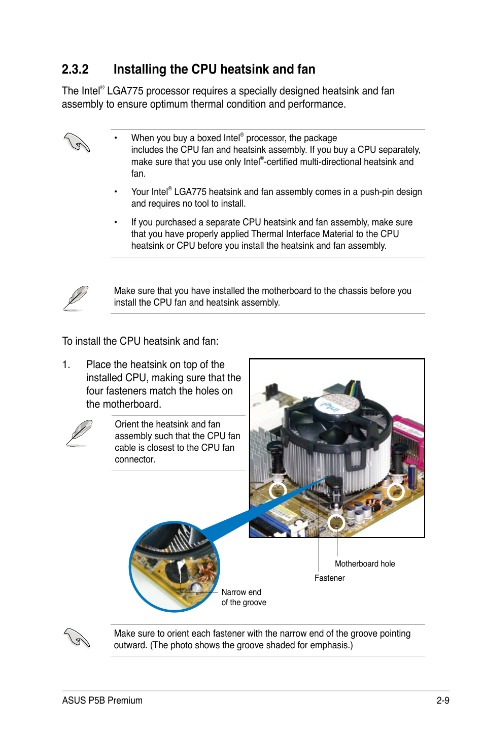 2 installing the cpu heatsink and fan, Installing the cpu heatsink and fan -9 | Asus P5B Premium Vista Edition User Manual | Page 35 / 190