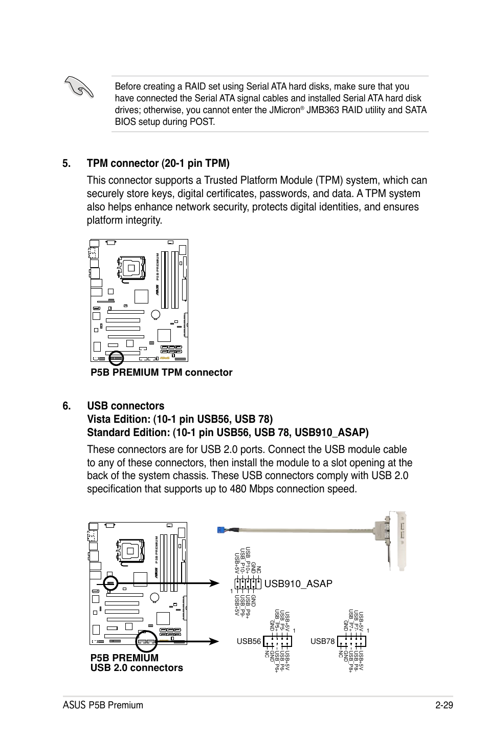 P5b premium tpm connector, P5b premium usb 2.0 connectors, Usb910_asap | Asus P5B Premium Vista Edition User Manual | Page 55 / 190