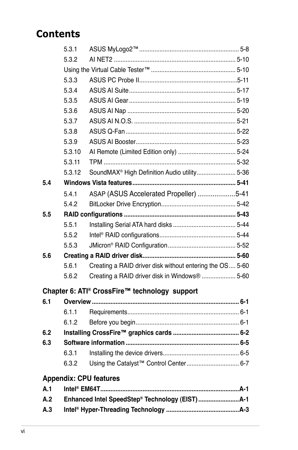 Asus P5B Premium Vista Edition User Manual | Page 6 / 190