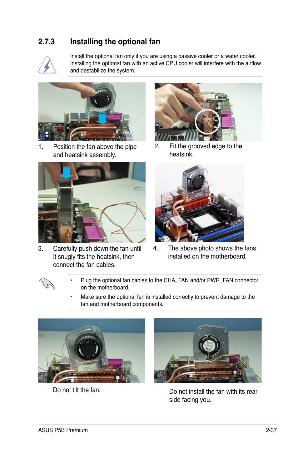 3 installing the optional fan, Installing the optional fan -37 | Asus P5B Premium Vista Edition User Manual | Page 63 / 190