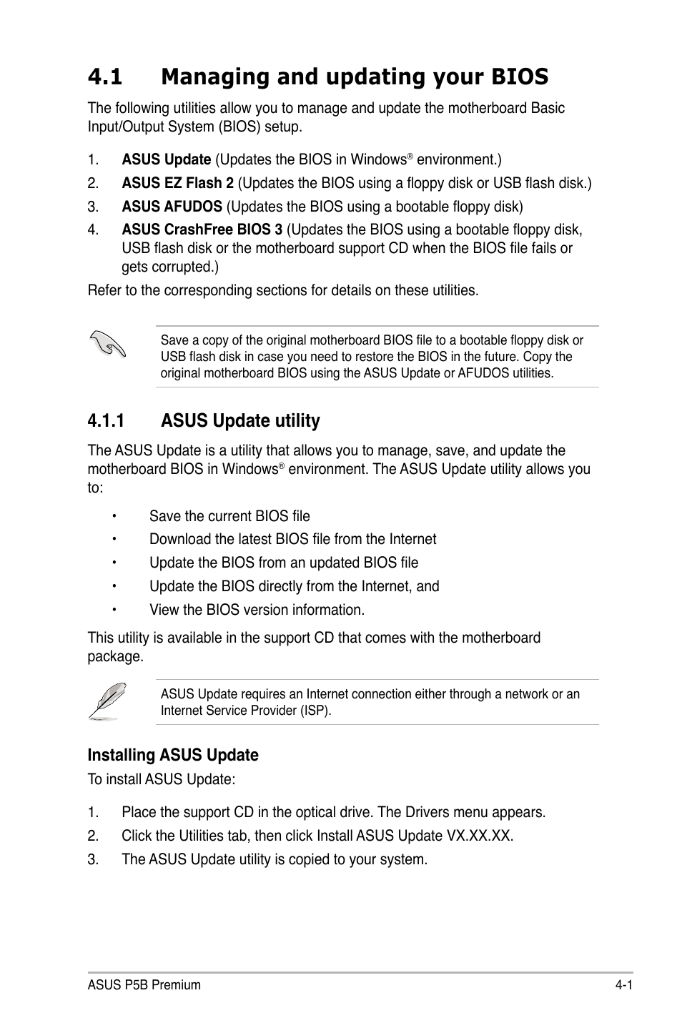 1 managing and updating your bios, 1 asus update utility, Managing and updating your bios -1 4.1.1 | Asus update utility -1 | Asus P5B Premium Vista Edition User Manual | Page 71 / 190