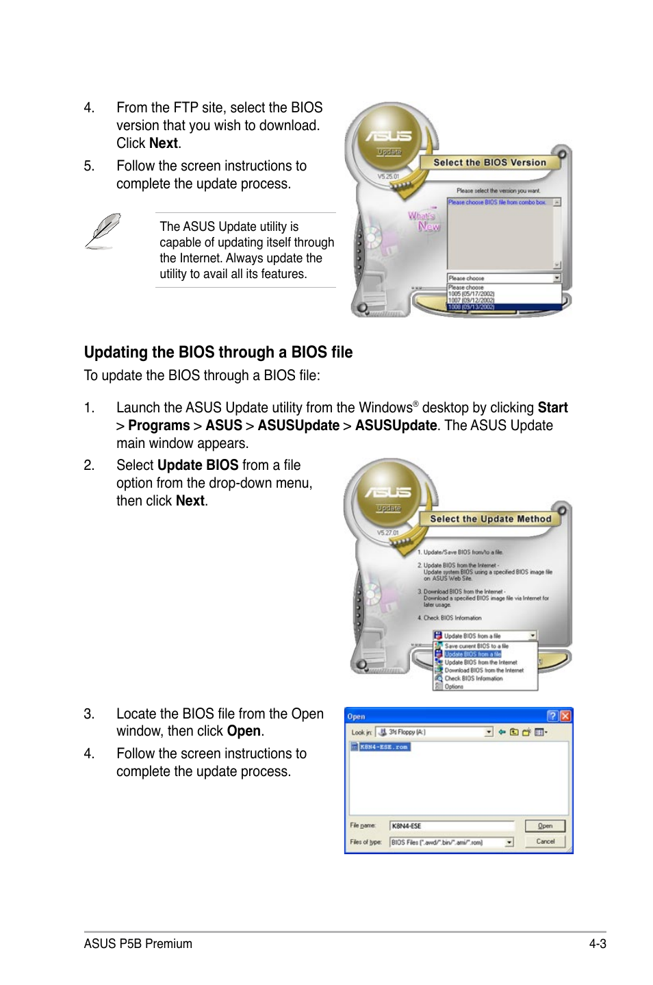 Updating the bios through a bios file | Asus P5B Premium Vista Edition User Manual | Page 73 / 190