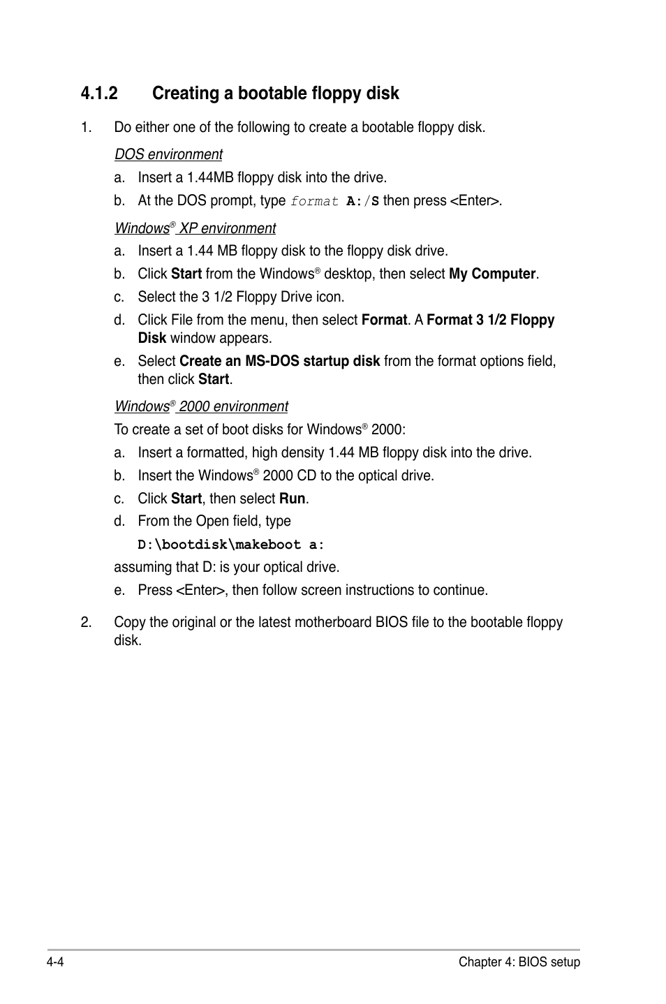 2 creating a bootable floppy disk, Creating a bootable floppy disk -4 | Asus P5B Premium Vista Edition User Manual | Page 74 / 190