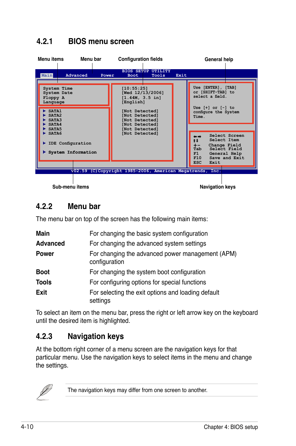 1 bios menu screen, 2 menu bar, 3 navigation keys | Bios menu screen -10, Menu bar -10, Navigation keys -10 | Asus P5B Premium Vista Edition User Manual | Page 80 / 190