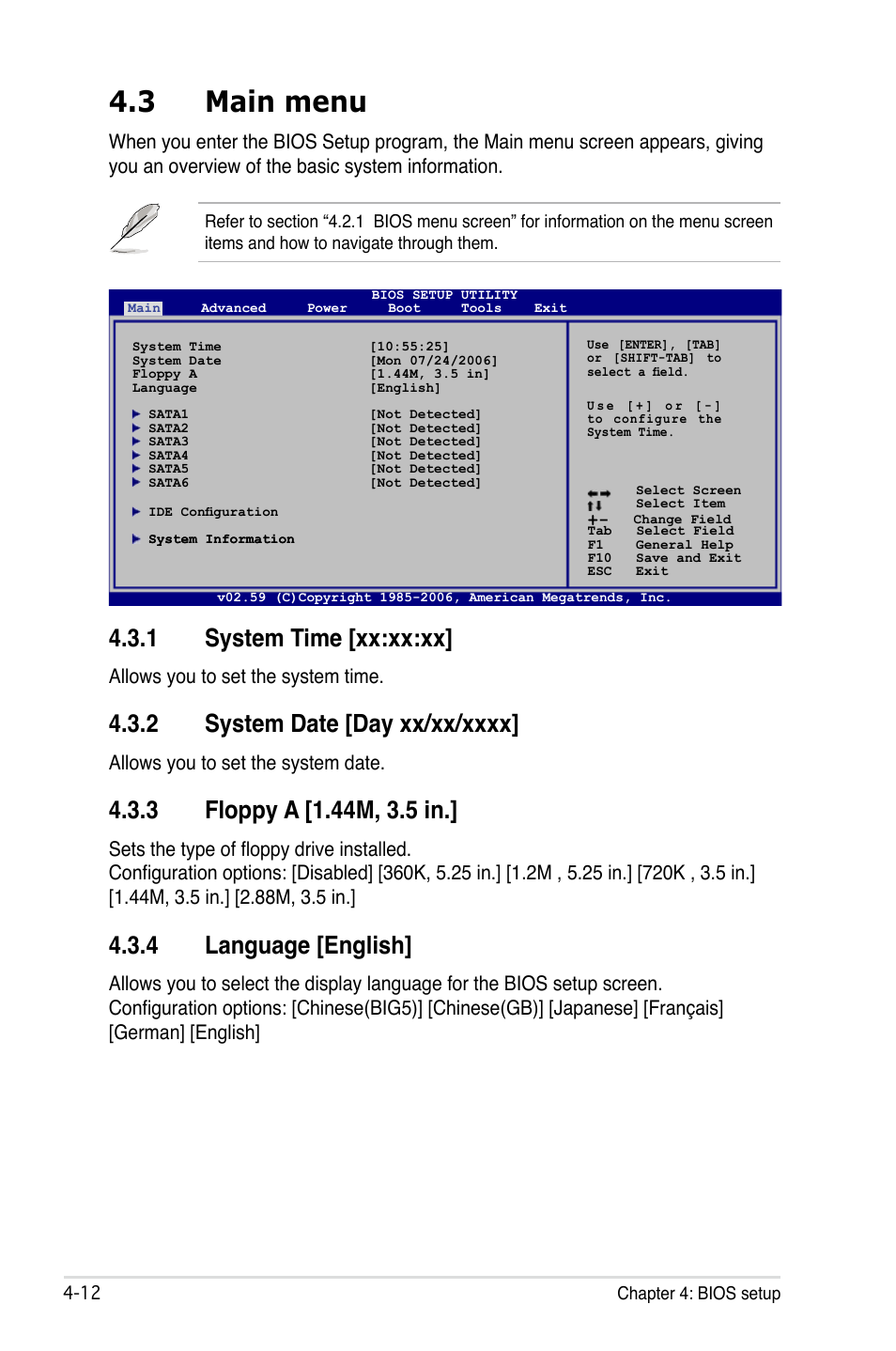 3 main menu, 1 system time [xx:xx:xx, 2 system date [day xx/xx/xxxx | 3 floppy a [1.44m, 3.5 in, 4 language [english, Main menu -12 4.3.1, System time [xx:xx:xx] -12, System date [day xx/xx/xxxx] -12, Floppy a [1.44m, 3.5 in.] -12, Language [english] -12 | Asus P5B Premium Vista Edition User Manual | Page 82 / 190