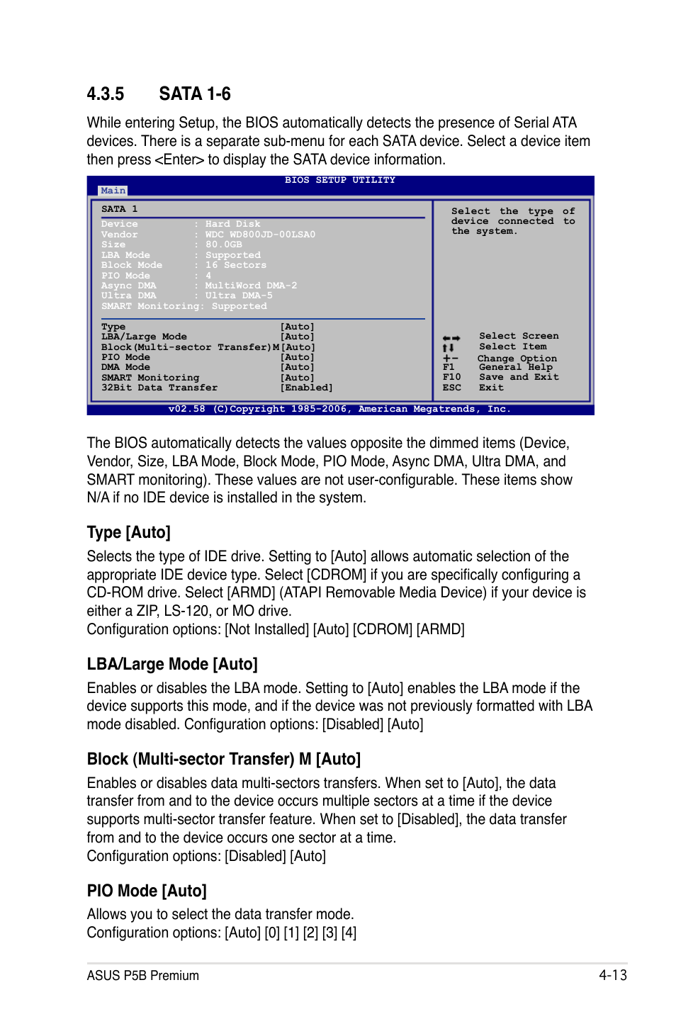 5 sata 1-6, Sata 1-6 -13, Type [auto | Lba/large mode [auto, Block (multi-sector transfer) m [auto, Pio mode [auto | Asus P5B Premium Vista Edition User Manual | Page 83 / 190