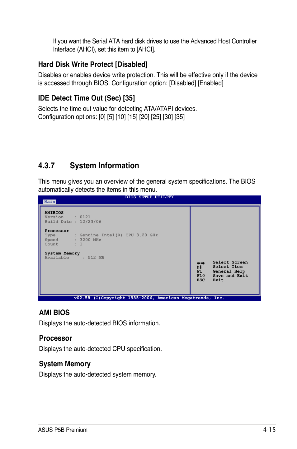 7 system information, System information -15, Ami bios | Processor, Hard disk write protect [disabled, Ide detect time out (sec) [35 | Asus P5B Premium Vista Edition User Manual | Page 85 / 190