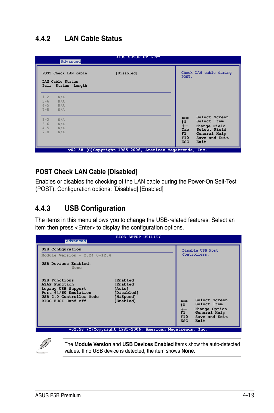 2 lan cable status, 3 usb configuration, Lan cable status -19 | Usb configuration -19, Post check lan cable [disabled, Asus p5b premium -19 | Asus P5B Premium Vista Edition User Manual | Page 89 / 190