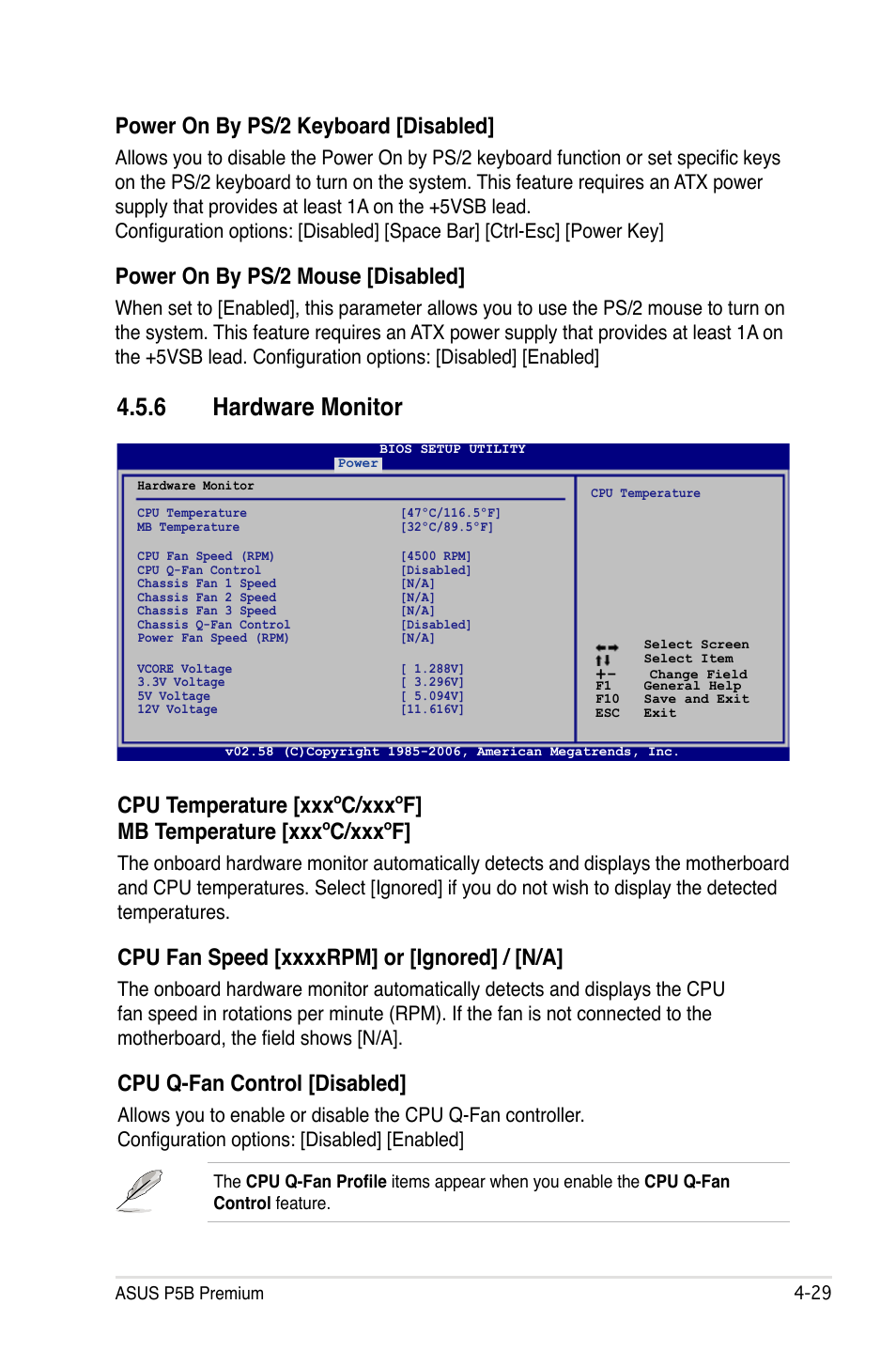 6 hardware monitor, Hardware monitor -29, Power on by ps/2 keyboard [disabled | Power on by ps/2 mouse [disabled, Cpu q-fan control [disabled | Asus P5B Premium Vista Edition User Manual | Page 99 / 190