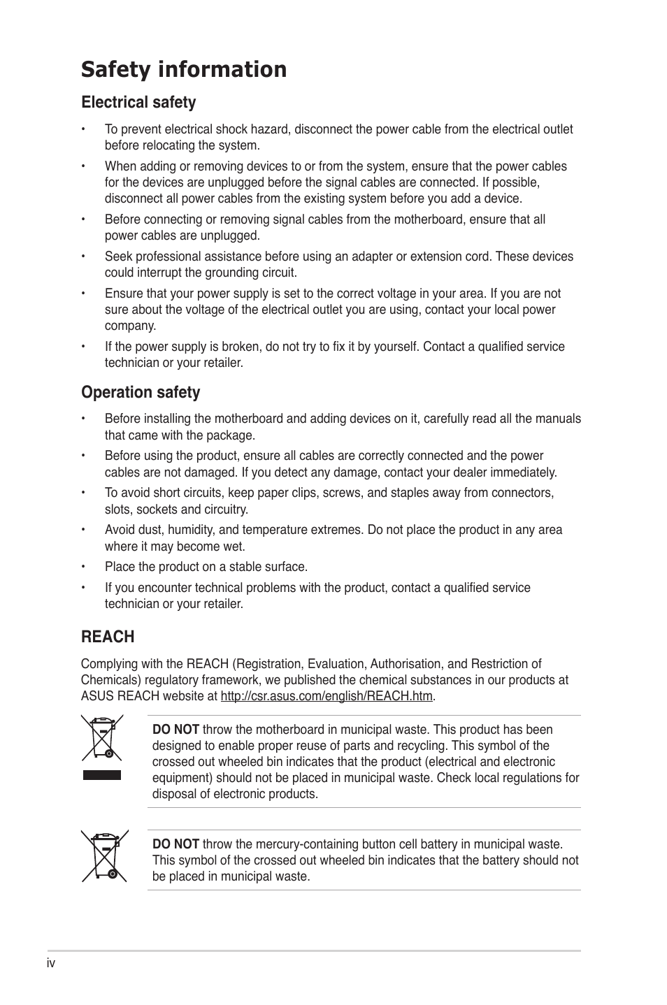 Safety information, Electrical safety, Operation safety | Reach | Asus P8Z77-V PRO/THUNDERBOLT User Manual | Page 4 / 26