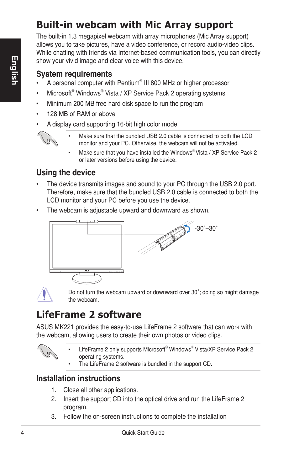 Built-in webcam with mic array support, Lifeframe 2 software, English | System requirements, Using the device, Installation instructions | Asus MK221H User Manual | Page 4 / 6
