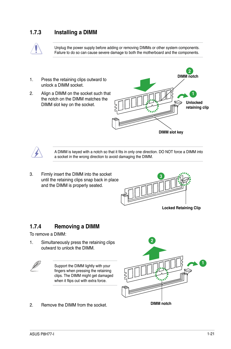 3 installing a dimm, 4 removing a dimm, Installing a dimm -21 | Removing a dimm -21 | Asus P8H77-I User Manual | Page 31 / 76