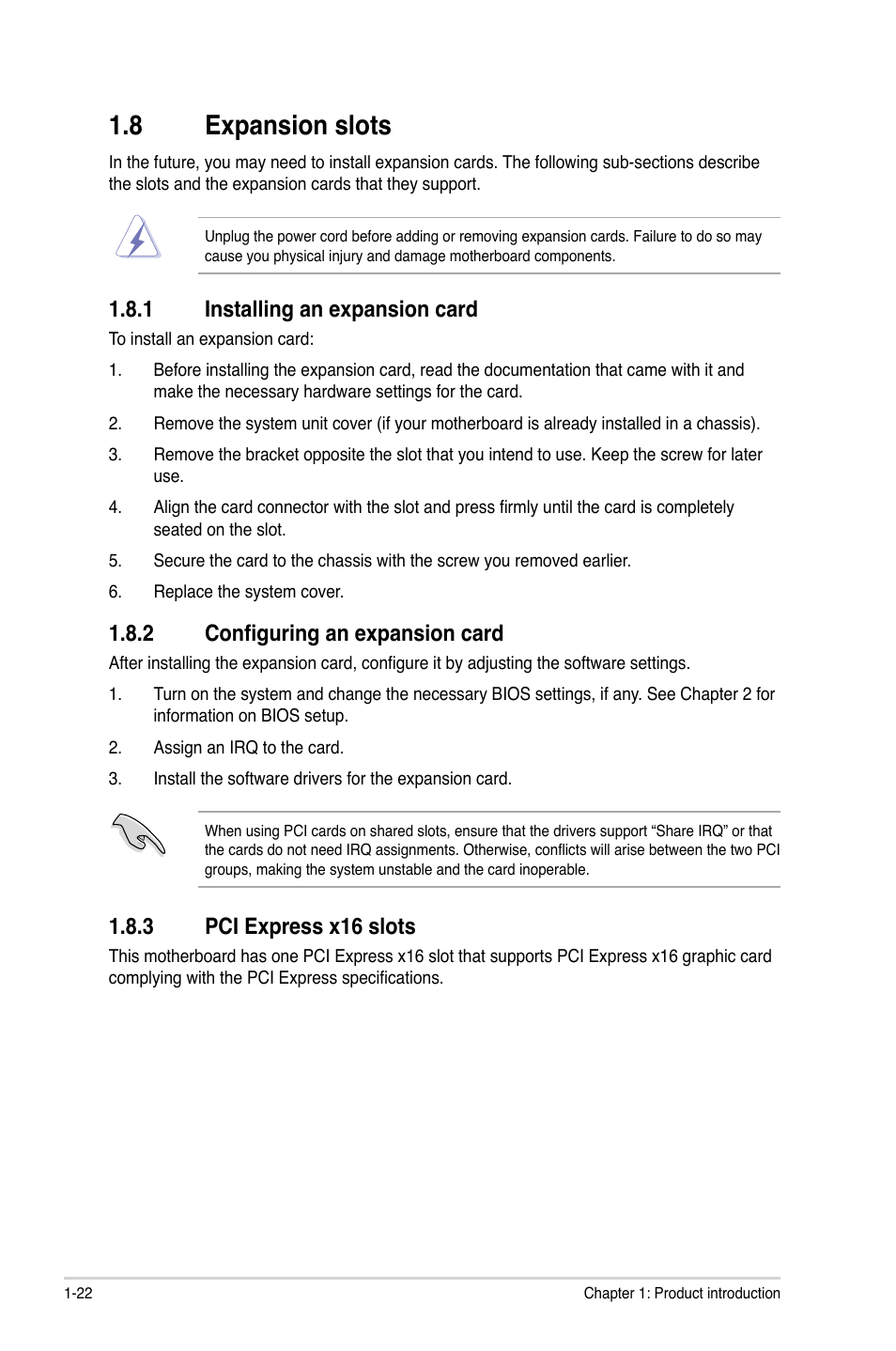 8 expansion slots, 1 installing an expansion card, 2 configuring an expansion card | 3 pci express x16 slots, Expansion slots -22 1.8.1, Installing an expansion card -22, Configuring an expansion card -22, Pci express x16 slots -22 | Asus P8H77-I User Manual | Page 32 / 76