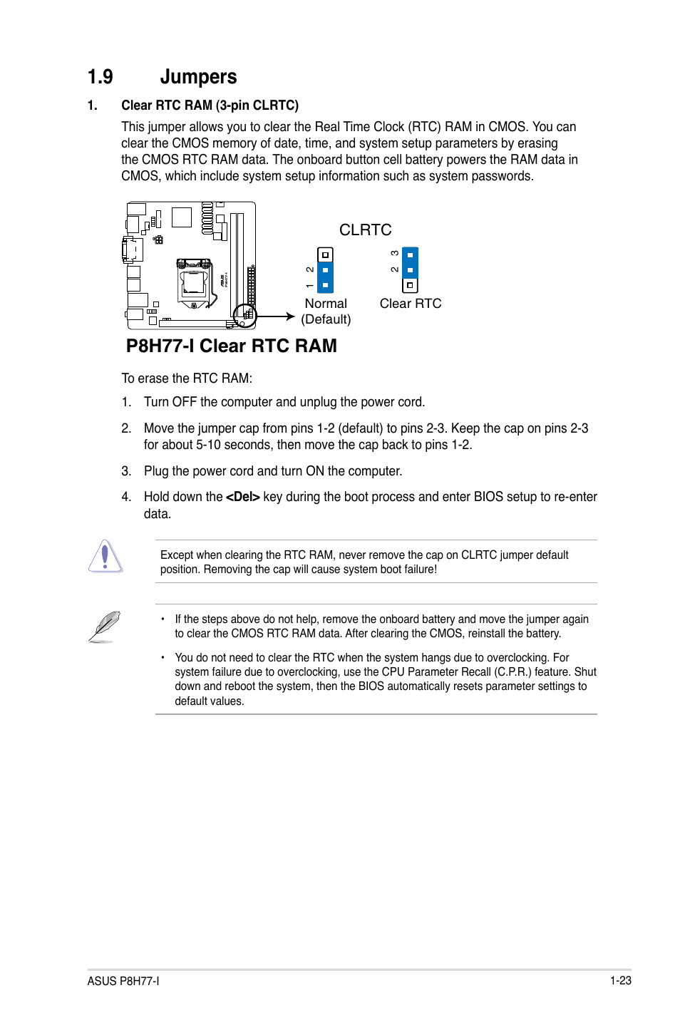 9 jumpers, Jumpers -23, P8h77-i clear rtc ram | Clrtc | Asus P8H77-I User Manual | Page 33 / 76