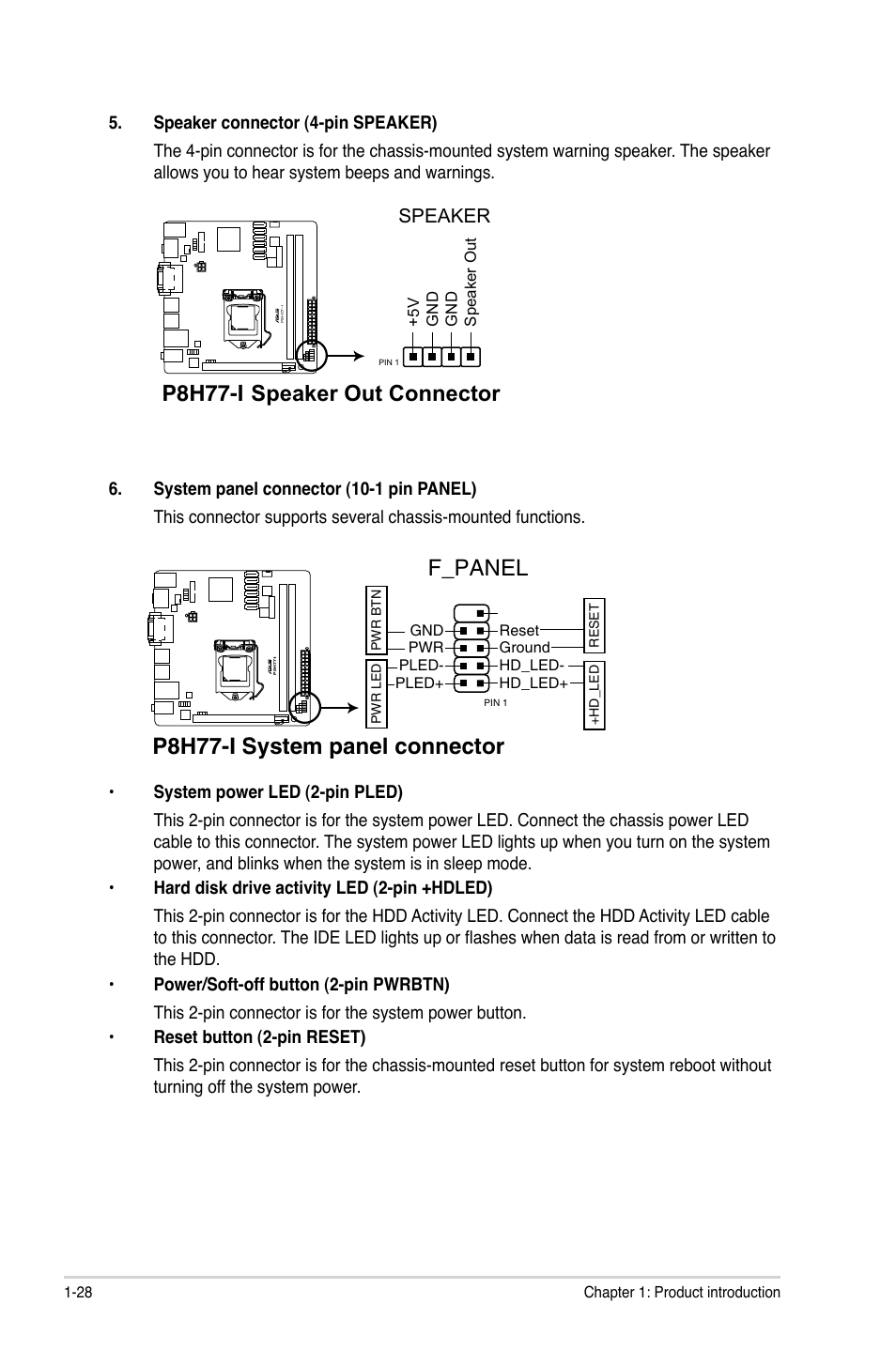 P8h77-i system panel connector, F_panel, P8h77-i  speaker out connector | Speaker | Asus P8H77-I User Manual | Page 38 / 76