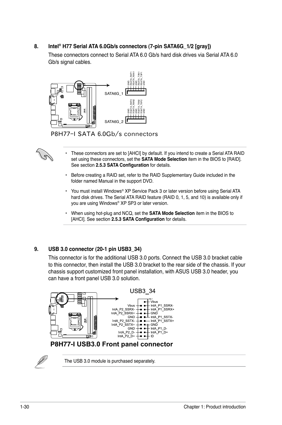 8 01;)<)/j[kwvvmk\wz, Intel, 30 chapter 1: product introduction | The usb 3.0 module is purchased separately | Asus P8H77-I User Manual | Page 40 / 76