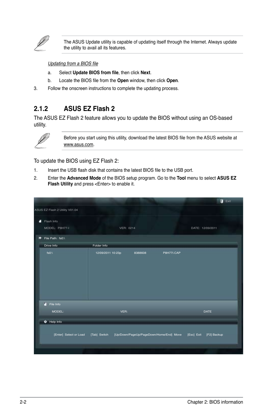 2 asus ez flash 2, Asus ez flash 2 -2, Updating from a bios file | Asus P8H77-I User Manual | Page 44 / 76