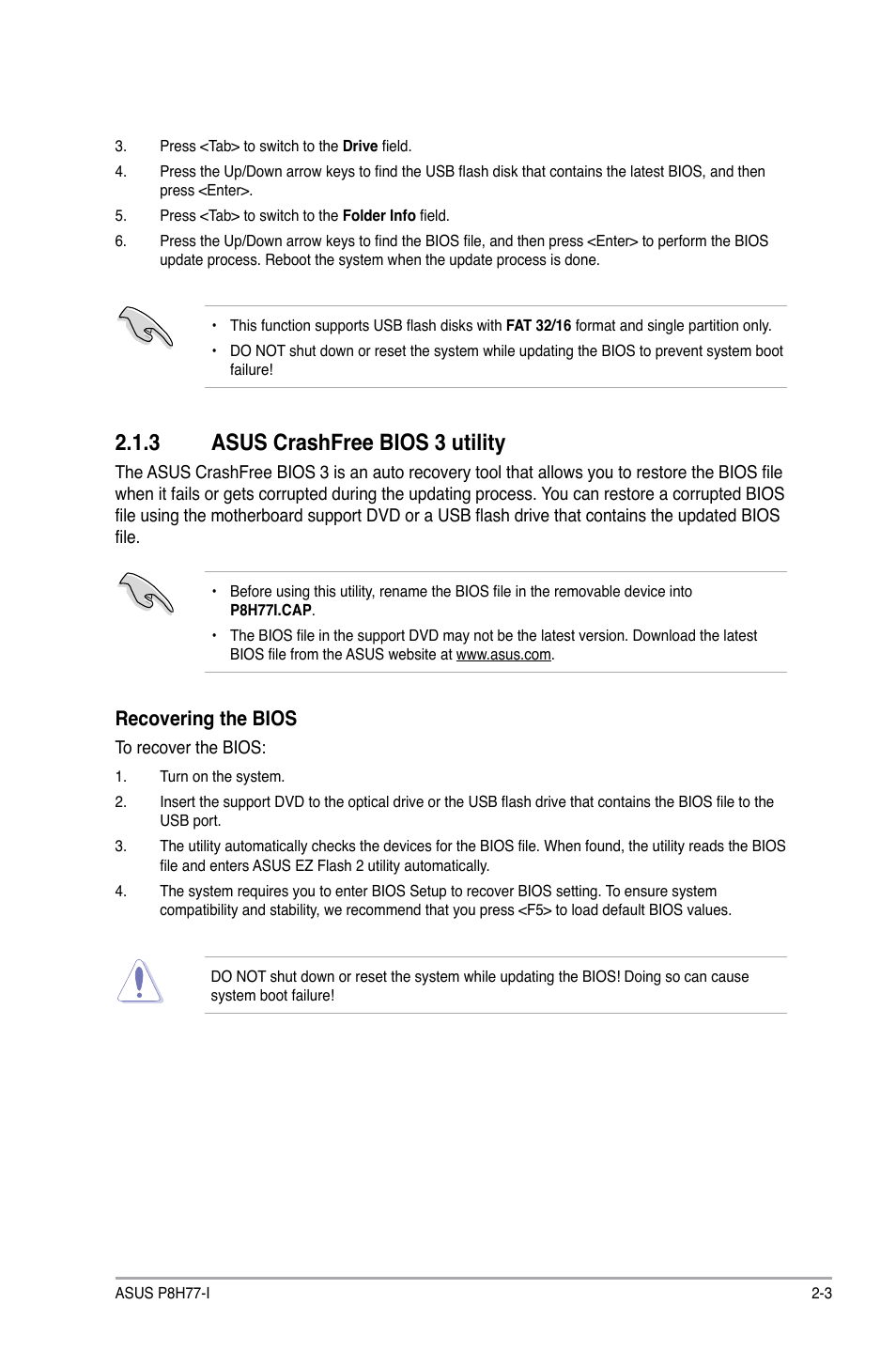 3 asus crashfree bios 3 utility, Asus crashfree bios 3 utility -3, Recovering the bios | Asus P8H77-I User Manual | Page 45 / 76