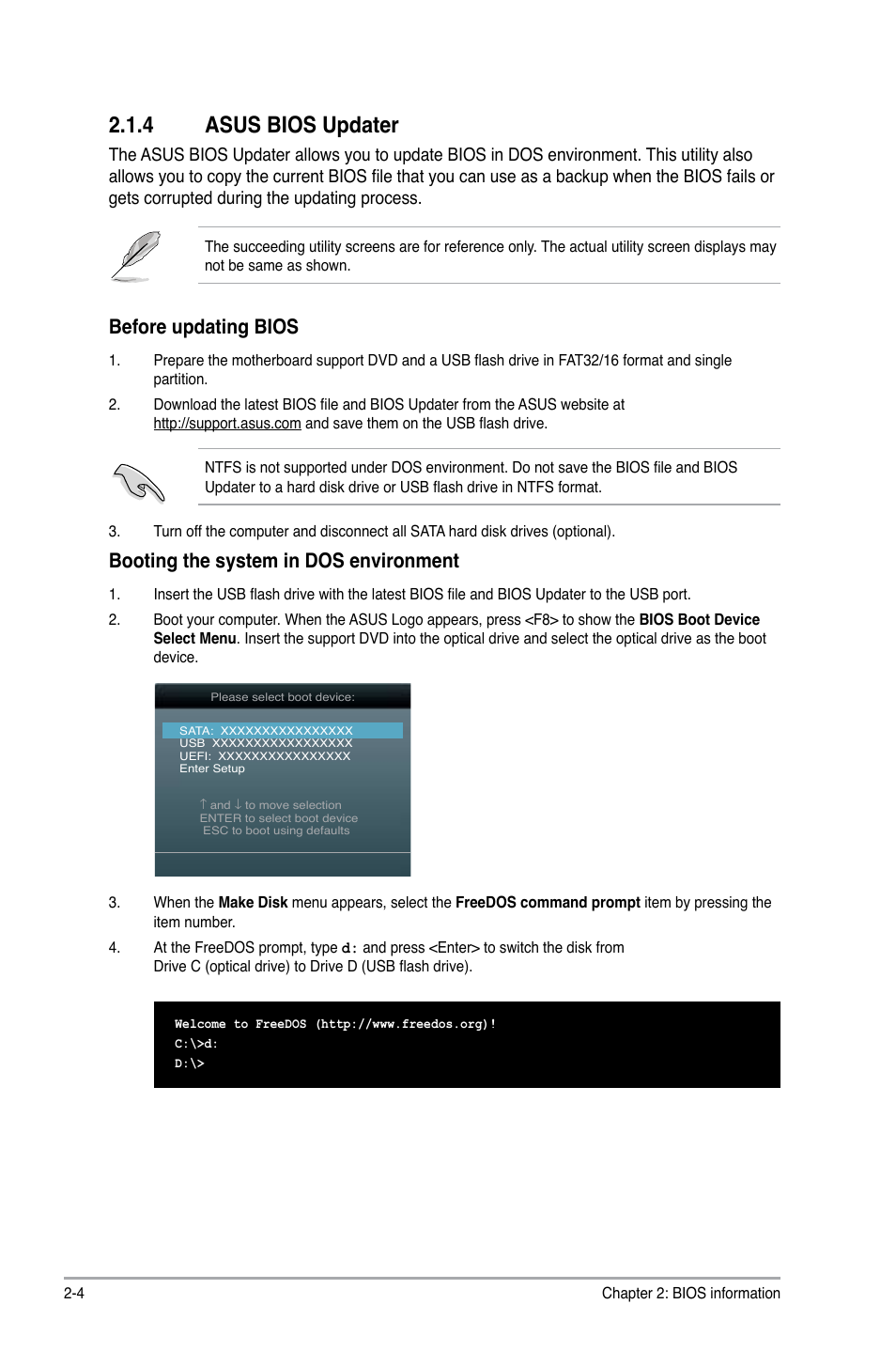 4 asus bios updater, Asus bios updater -4, Before updating bios | Booting the system in dos environment | Asus P8H77-I User Manual | Page 46 / 76