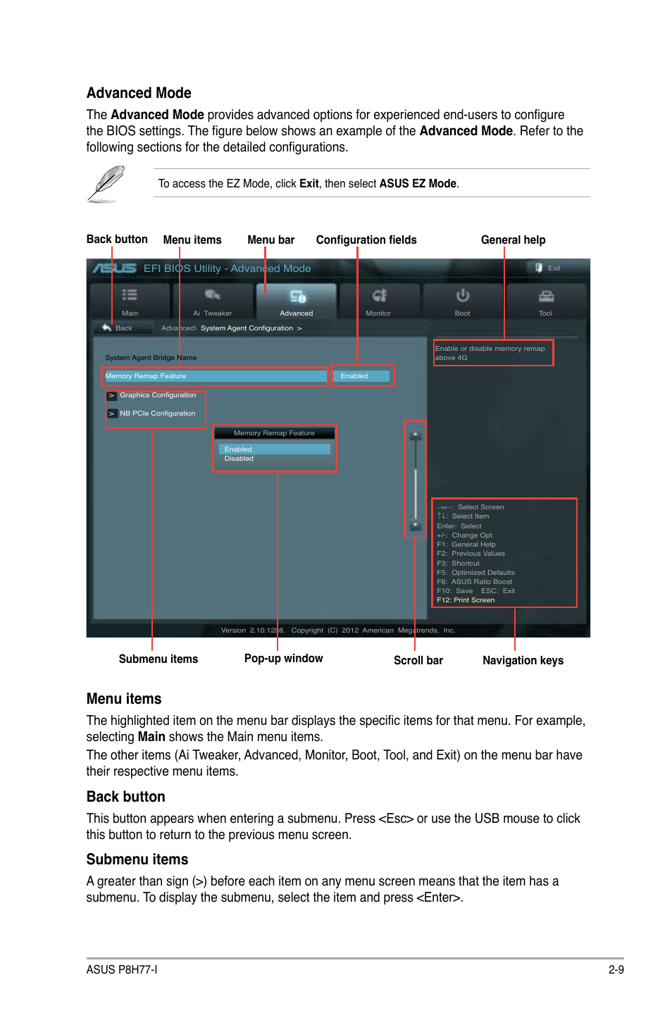 Advanced mode, Menu items, Back button | Submenu items | Asus P8H77-I User Manual | Page 51 / 76