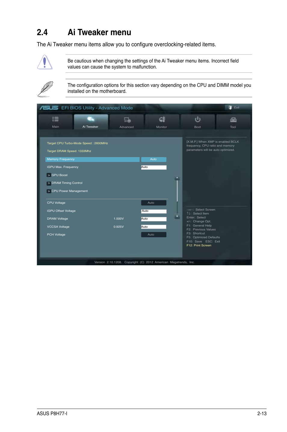 4 ai tweaker menu, Ai tweaker menu -13 | Asus P8H77-I User Manual | Page 55 / 76