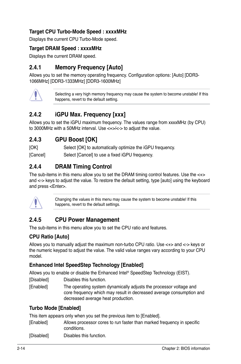 1 memory frequency [auto, 2 igpu max. frequency [xxx, 3 gpu boost [ok | 4 dram timing control, 5 cpu power management, Memory frequency [auto] -14, Igpu max. frequency [xxx] -14, Gpu boost [ok] -14, Dram timing control -14, Cpu power management -14 | Asus P8H77-I User Manual | Page 56 / 76