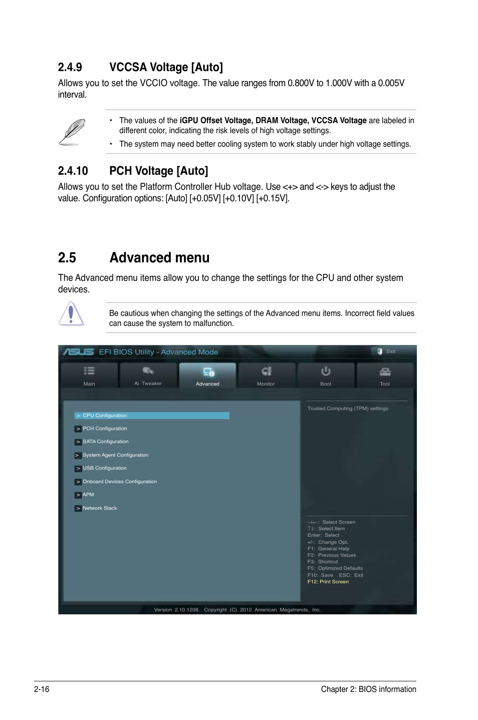 9 vccsa voltage [auto, 10 pch voltage [auto, 5 advanced menu | Vccsa voltage [auto] -16, 10 pch voltage [auto] -16, Advanced menu -16 | Asus P8H77-I User Manual | Page 58 / 76