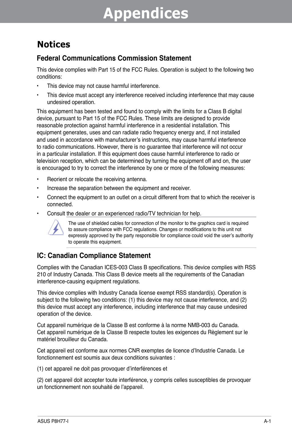 Appendices, Notices, Federal communications commission statement | Ic: canadian compliance statement | Asus P8H77-I User Manual | Page 71 / 76