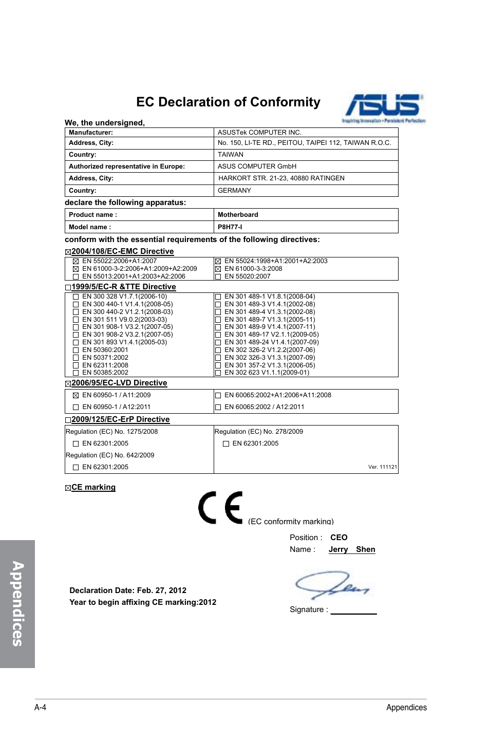 Appendices, Ec declaration of conformity | Asus P8H77-I User Manual | Page 74 / 76