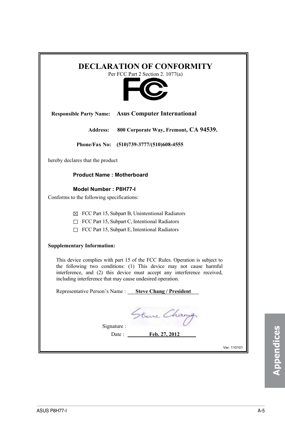 Appendices, Declaration of conformity | Asus P8H77-I User Manual | Page 75 / 76