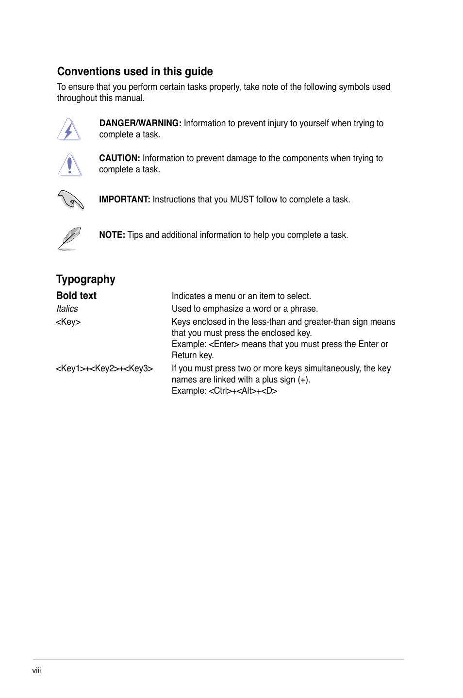 Conventions used in this guide, Typography | Asus P8H77-I User Manual | Page 8 / 76