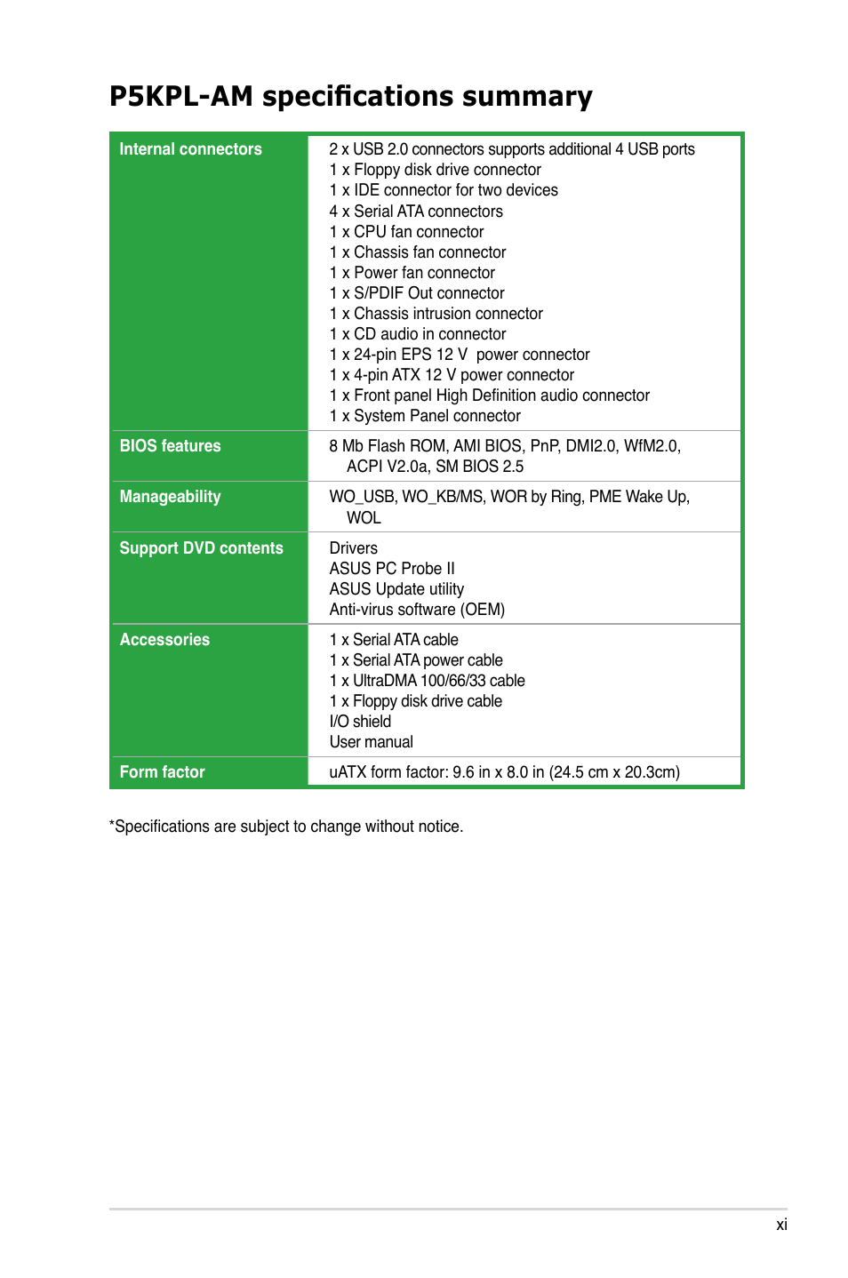 P5kpl-am specifications summary | Asus P5KPL-AM/PS User Manual | Page 11 / 90