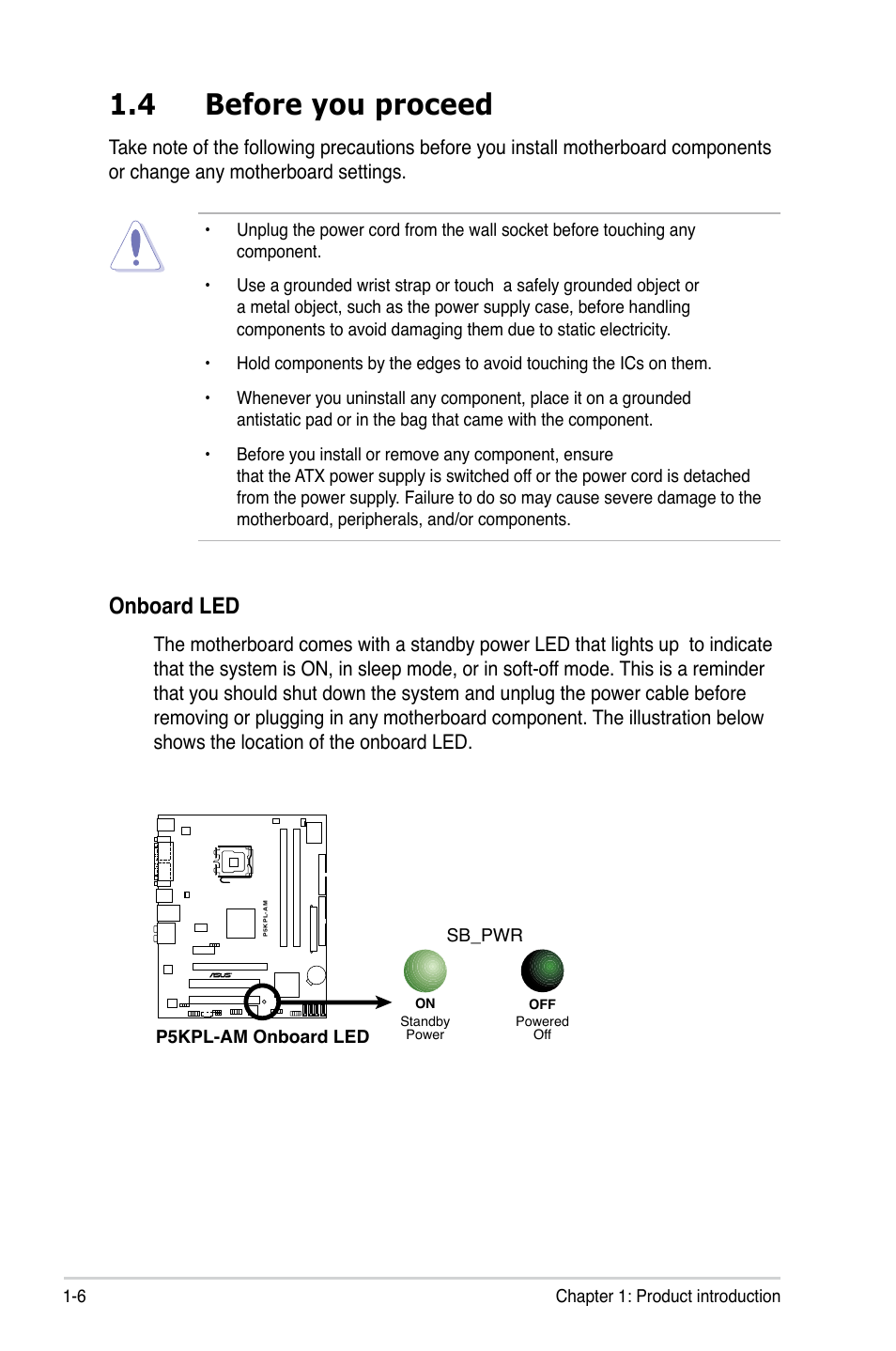 4 before you proceed, Onboard led | Asus P5KPL-AM/PS User Manual | Page 18 / 90