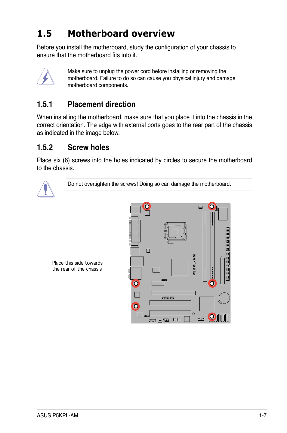 5 motherboard overview, 1 placement direction, 2 screw holes | Asus P5KPL-AM/PS User Manual | Page 19 / 90