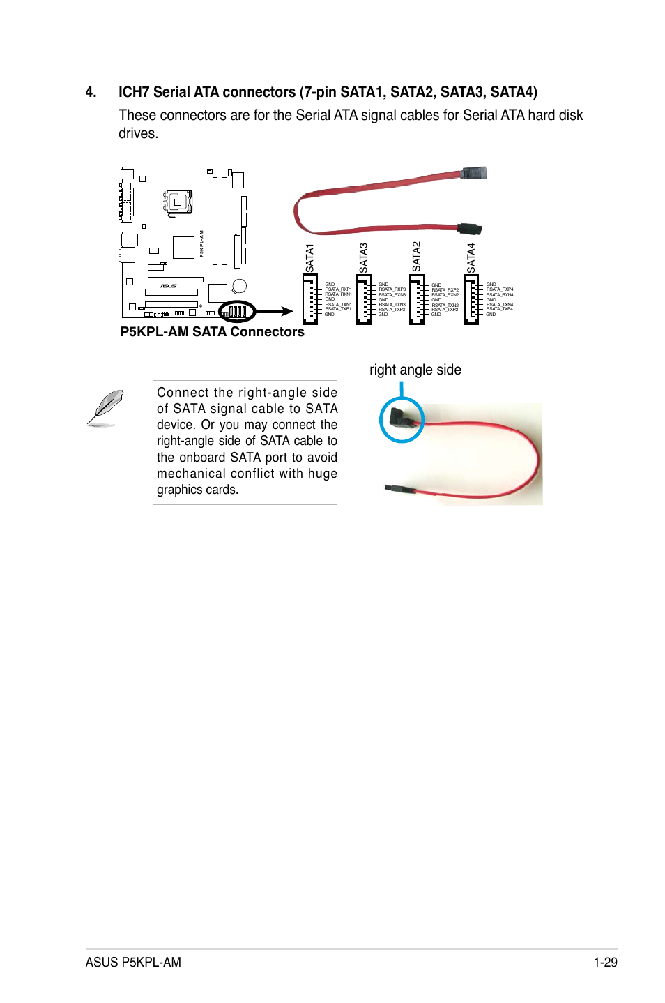 Right angle side, Asus p5kpl-am 1-29, P5kpl-am sata connectors | Sa ta 1, Sa ta 2, Sa ta3, Sa ta4 | Asus P5KPL-AM/PS User Manual | Page 41 / 90