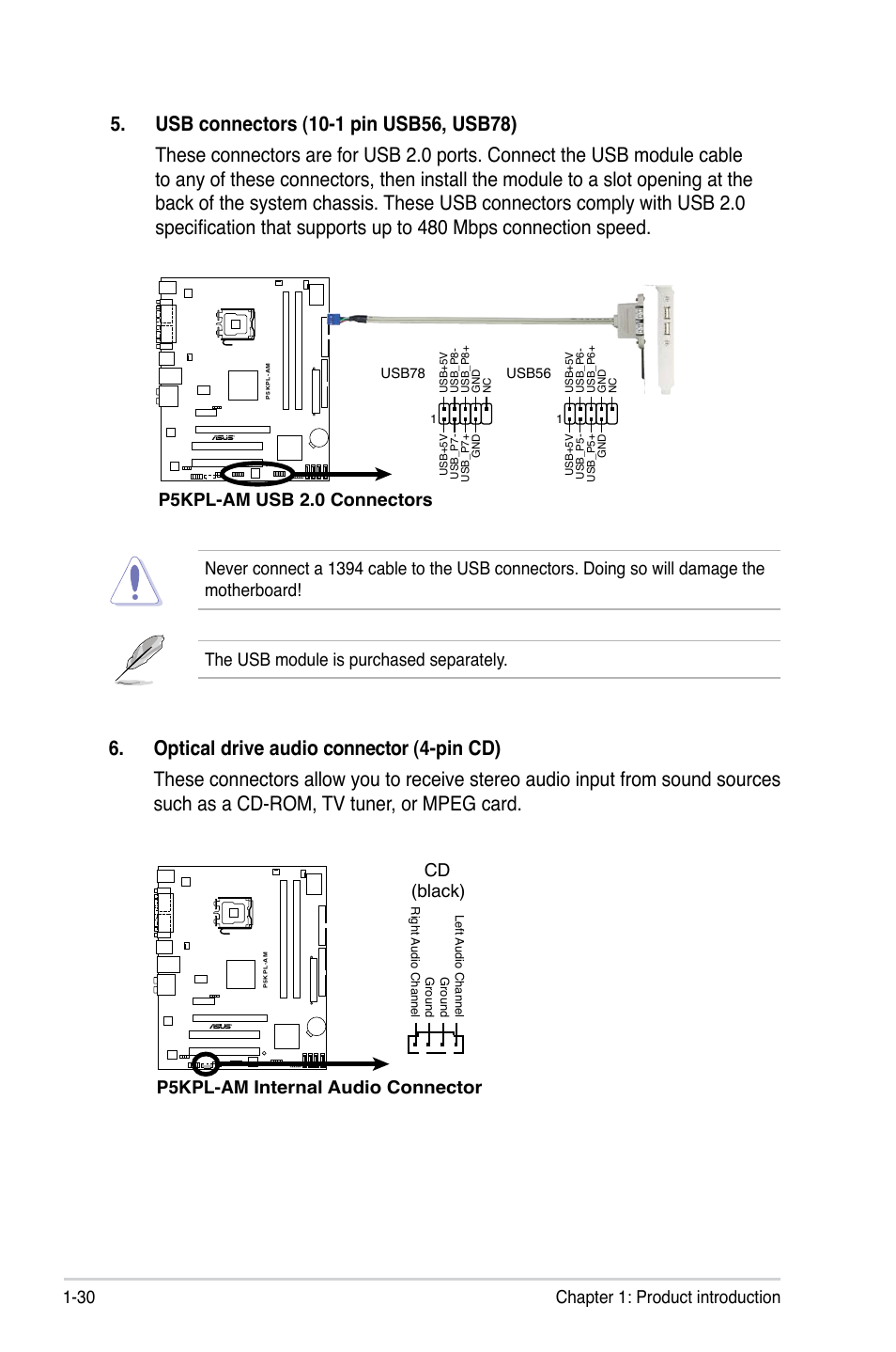 30 chapter 1: product introduction, The usb module is purchased separately, P5kpl-am usb 2.0 connectors | P5kpl-am internal audio connector cd (black) | Asus P5KPL-AM/PS User Manual | Page 42 / 90