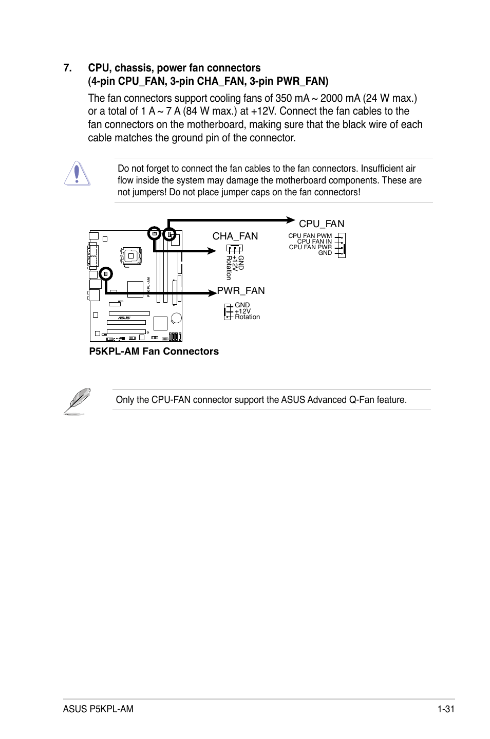 Asus p5kpl-am 1-31, P5kpl-am fan connectors cpu_fan, Cha_fan | Pwr_fan | Asus P5KPL-AM/PS User Manual | Page 43 / 90