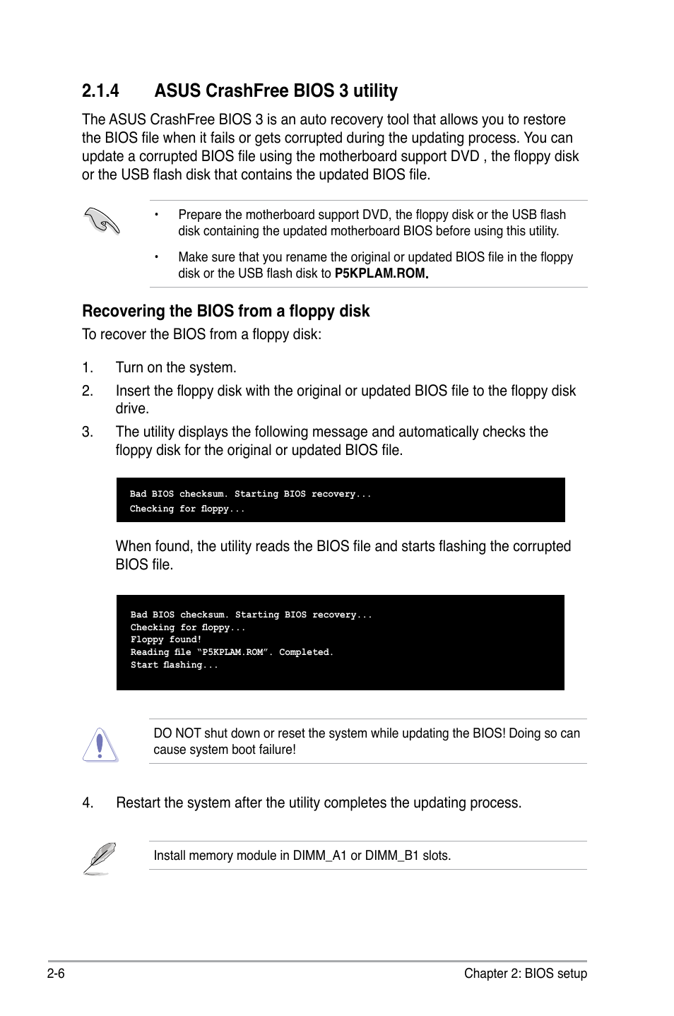 4 asus crashfree bios 3 utility, Recovering the bios from a floppy disk | Asus P5KPL-AM/PS User Manual | Page 52 / 90